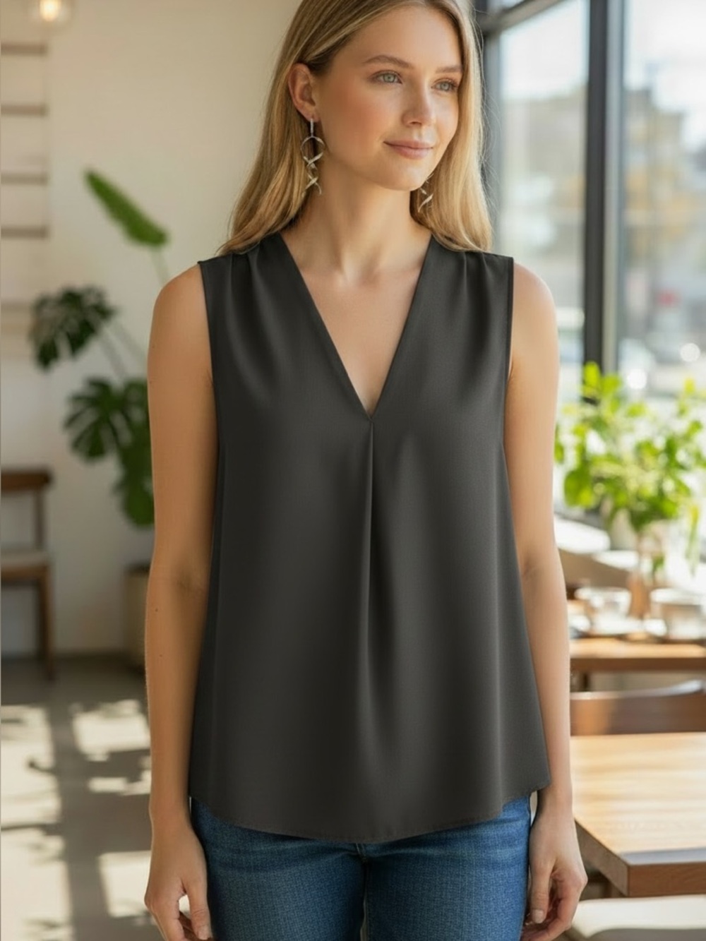 Cabi Grey Veneer Sleeveless Top & Silver Fashion Earrings